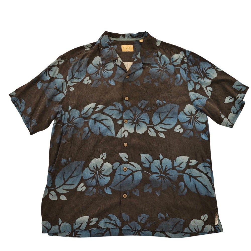 Tommy Bahama Mens XL Silk Camp Shirt Brown Blue Hibiscus Floral Tropical Shirt